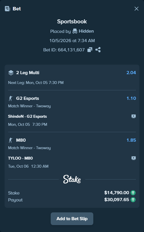 Bet slip: ShindeN - G2 Esports, $14,790.00 stake at 1.10 odds, placed by Hidden