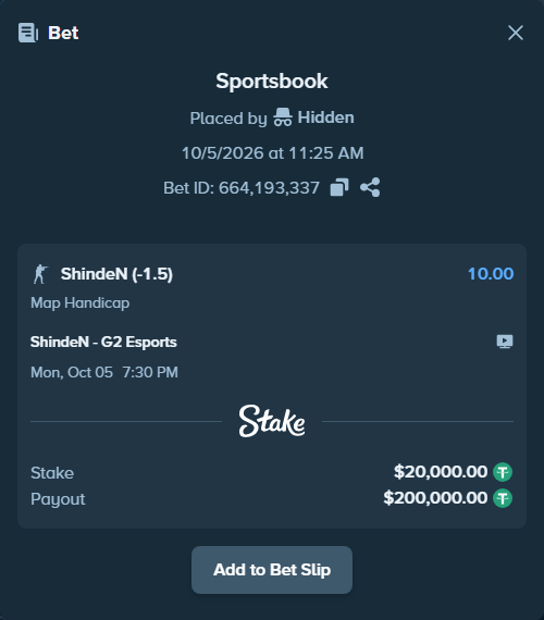 Bet slip: ShindeN - G2 Esports, $20,000.00 stake at 10.00 odds, placed by Hidden