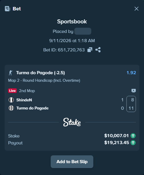 Bet slip: ShindeN - Turma do Pagode, $10,000.00 stake at 1.92 odds, placed by saszakoncza