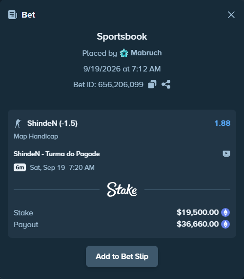 Bet slip: ShindeN - Turma do Pagode, $19,475.14 stake at 1.88 odds, placed by Mabruch