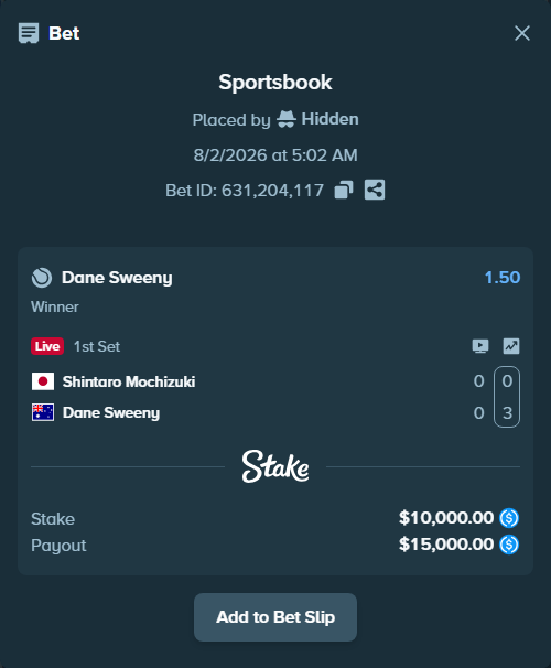 Bet slip: Shintaro Mochizuki - Dane Sweeny, $10,000.00 stake at 1.50 odds, placed by Hidden