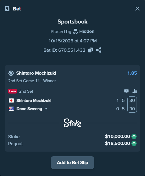 Bet slip: Shintaro Mochizuki - Dane Sweeny, $10,010.00 stake at 1.85 odds, placed by haroldfinchh