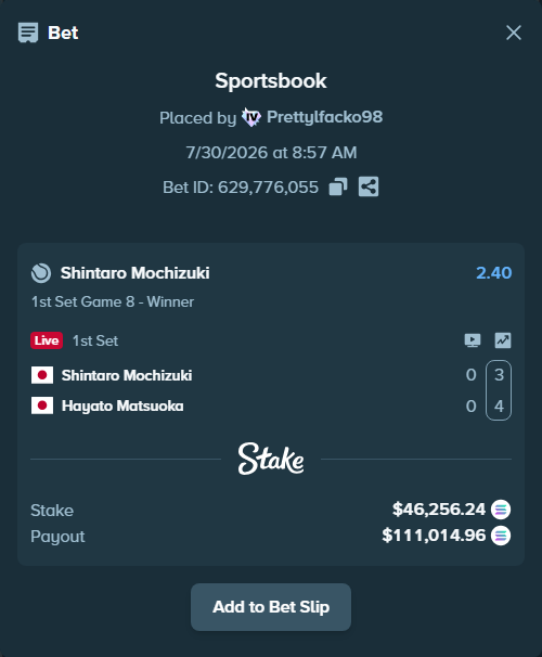 Bet slip: Shintaro Mochizuki - Hayato Matsuoka, $45,816.44 stake at 2.40 odds, placed by Prettylfacko98