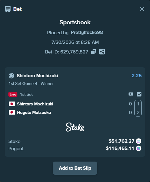 Bet slip: Shintaro Mochizuki - Hayato Matsuoka, $51,157.28 stake at 2.25 odds, placed by Prettylfacko98