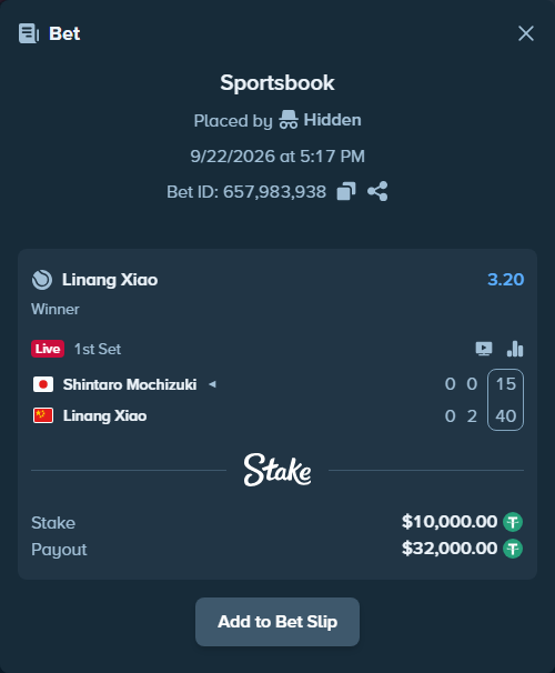 Bet slip: Shintaro Mochizuki - Linang Xiao, $10,000.00 stake at 3.20 odds, placed by Hidden