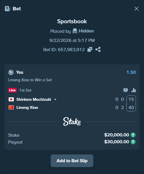 Bet slip: Shintaro Mochizuki - Linang Xiao, $20,000.00 stake at 1.50 odds, placed by Hidden