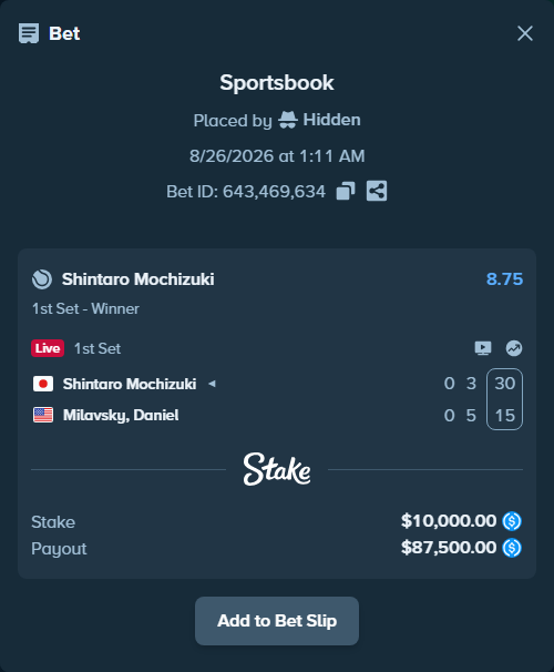 Bet slip: Shintaro Mochizuki - Milavsky, Daniel, $10,000.00 stake at 8.75 odds, placed by Hidden