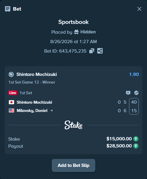 Bet slip: Shintaro Mochizuki - Milavsky, Daniel, $15,000.00 stake at 1.90 odds, placed by Hidden