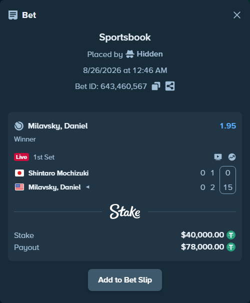 Bet slip: Shintaro Mochizuki - Milavsky, Daniel, $40,000.00 stake at 1.95 odds, placed by Hidden