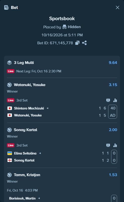 Bet slip: Shintaro Mochizuki - Watanuki, Yosuke, $17,000.00 stake at 3.15 odds, placed by Hidden