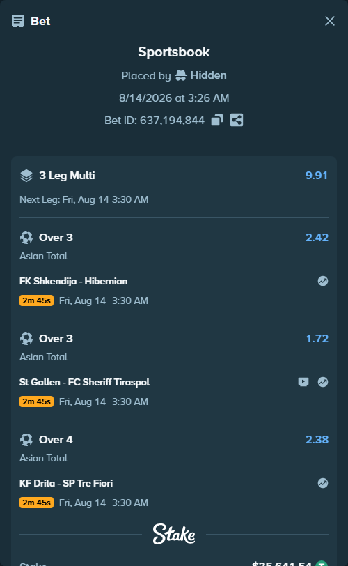 Bet slip: Shkendija Tetovo - Hibernian, $35,677.19 stake at 2.42 odds, placed by Hidden