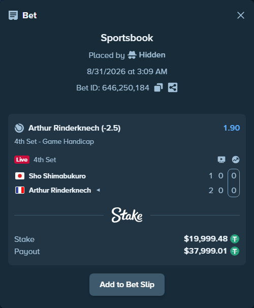 Bet slip: Sho Shimabukuro - Arthur Rinderknech, $19,999.48 stake at 1.90 odds, placed by Hidden