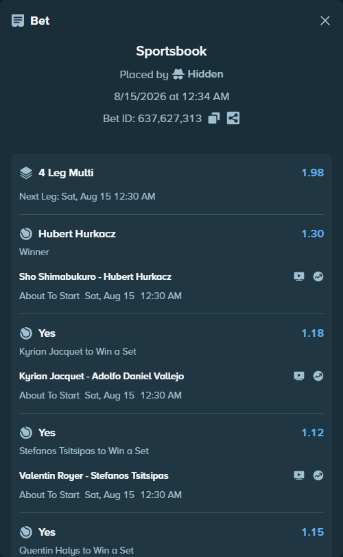 Bet slip: Sho Shimabukuro - Hubert Hurkacz, $11,507.83 stake at 1.30 odds, placed by Hidden