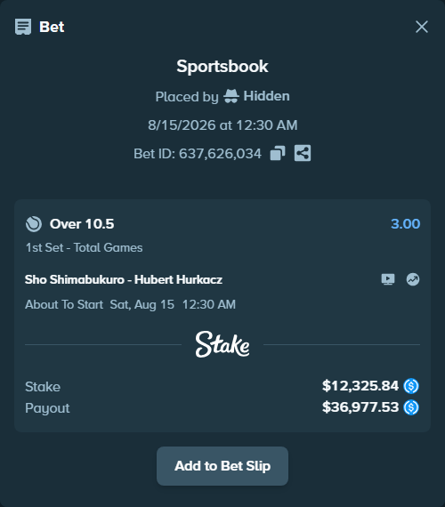 Bet slip: Sho Shimabukuro - Hubert Hurkacz, $12,325.84 stake at 3.00 odds, placed by Hidden