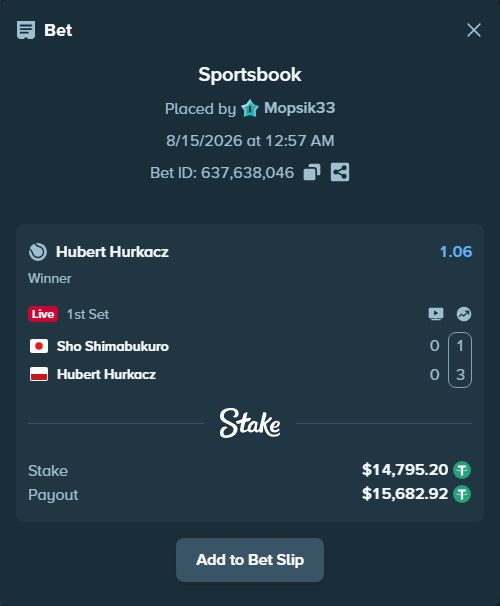 Bet slip: Sho Shimabukuro - Hubert Hurkacz, $14,810.00 stake at 1.06 odds, placed by Mopsik33
