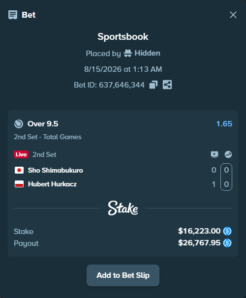 Bet slip: Sho Shimabukuro - Hubert Hurkacz, $16,223.00 stake at 1.65 odds, placed by Hidden