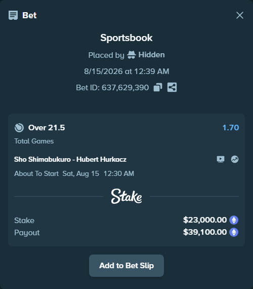 Bet slip: Sho Shimabukuro - Hubert Hurkacz, $23,170.25 stake at 1.70 odds, placed by Hidden