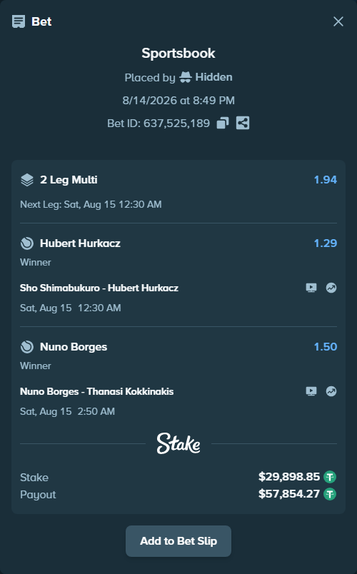 Bet slip: Sho Shimabukuro - Hubert Hurkacz, $29,928.75 stake at 1.29 odds, placed by Hidden