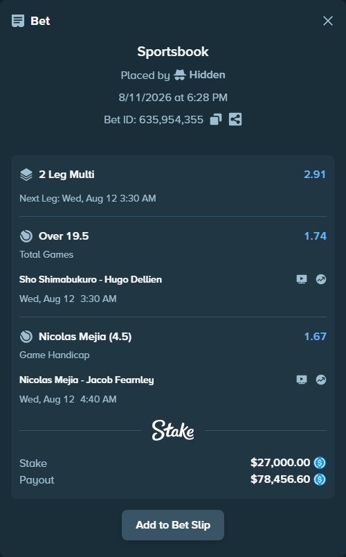 Bet slip: Sho Shimabukuro - Hugo Dellien, $27,000.00 stake at 1.74 odds, placed by Hidden