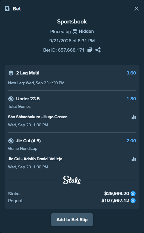 Bet slip: Sho Shimabukuro - Hugo Gaston, $29,999.20 stake at 1.80 odds, placed by Hidden