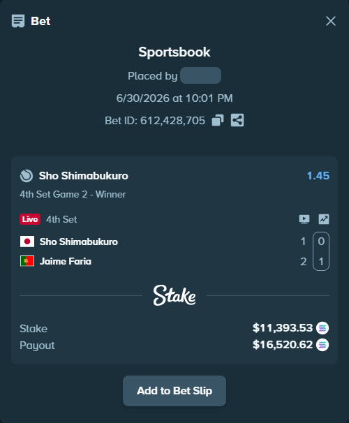 Bet slip: Sho Shimabukuro - Jaime Faria, $12,885.37 stake at 1.45 odds, placed by Prettylfacko98