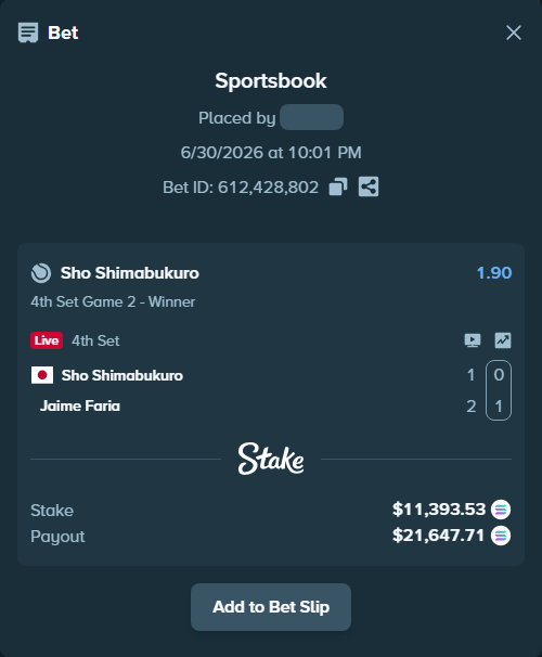 Bet slip: Sho Shimabukuro - Jaime Faria, $12,869.71 stake at 1.90 odds, placed by Prettylfacko98