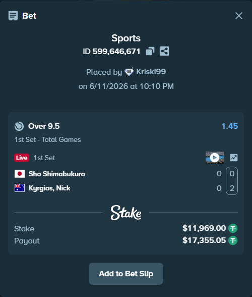 Bet slip: Sho Shimabukuro - Kyrgios, Nick, $11,980.97 stake at 1.45 odds, placed by Kriski99