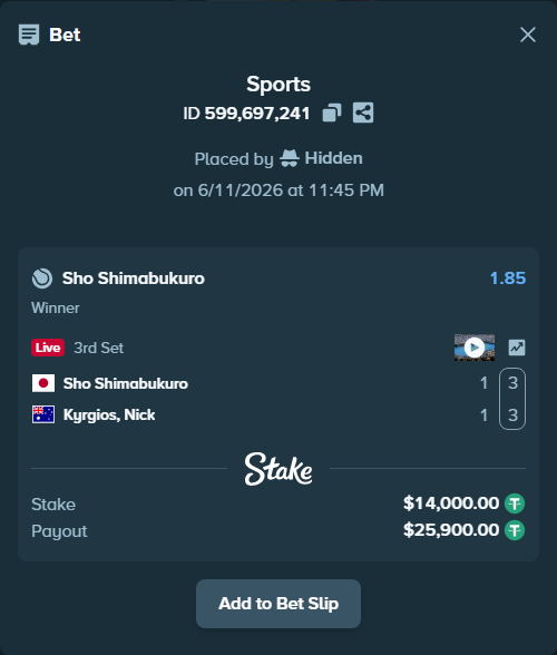 Bet slip: Sho Shimabukuro - Kyrgios, Nick, $14,014.00 stake at 1.85 odds, placed by Hidden