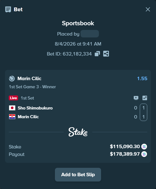 Bet slip: Sho Shimabukuro - Marin Cilic, $113,828.75 stake at 1.55 odds, placed by Prettylfacko98