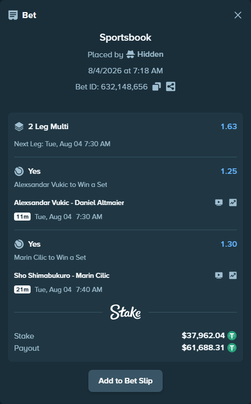 Bet slip: Sho Shimabukuro - Marin Cilic, $38,000.00 stake at 1.30 odds, placed by Hidden