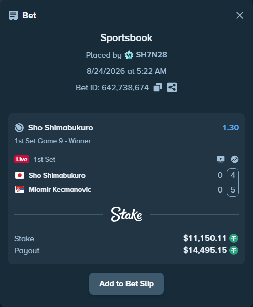 Bet slip: Sho Shimabukuro - Miomir Kecmanovic, $11,149.00 stake at 1.30 odds, placed by SH7N28