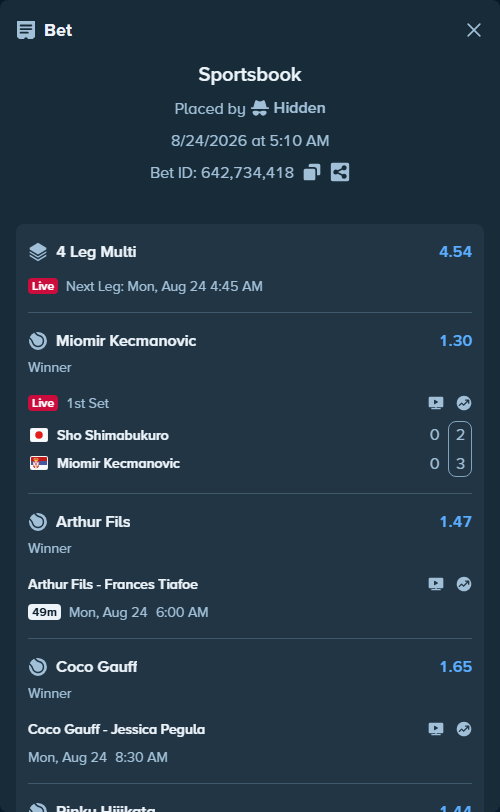 Bet slip: Sho Shimabukuro - Miomir Kecmanovic, $12,154.20 stake at 1.30 odds, placed by Hidden