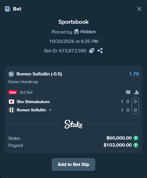 Bet slip: Sho Shimabukuro - Roman Safiullin, $60,060.00 stake at 1.70 odds, placed by Hidden
