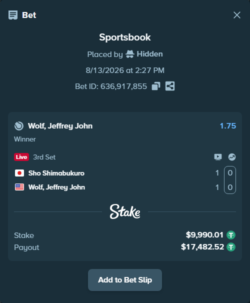Bet slip: Sho Shimabukuro - Wolf, Jeffrey John, $10,000.00 stake at 1.75 odds, placed by Hidden