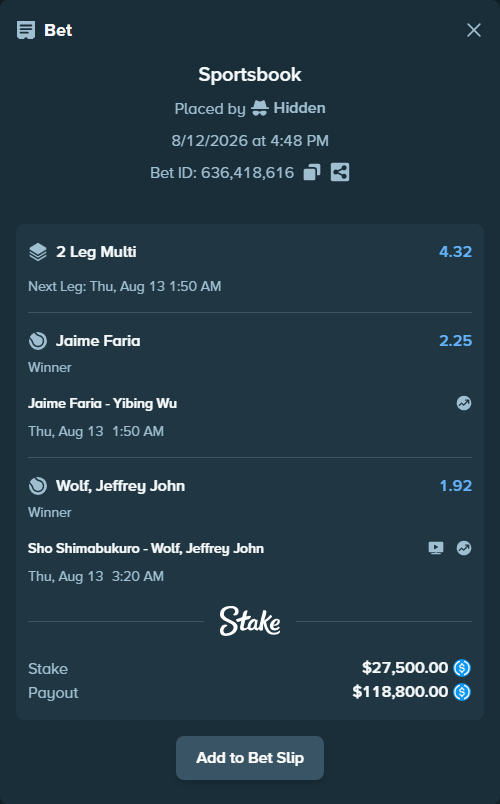 Bet slip: Sho Shimabukuro - Wolf, Jeffrey John, $27,500.00 stake at 1.92 odds, placed by Hidden