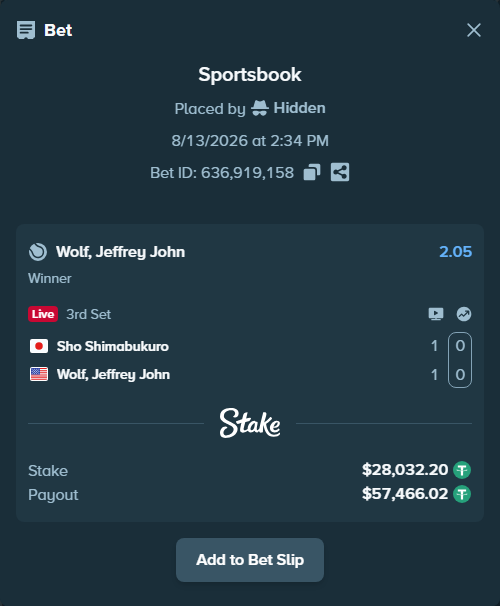 Bet slip: Sho Shimabukuro - Wolf, Jeffrey John, $28,060.24 stake at 2.05 odds, placed by Hidden