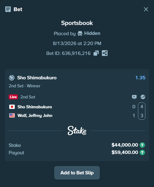 Bet slip: Sho Shimabukuro - Wolf, Jeffrey John, $44,044.00 stake at 1.35 odds, placed by Hidden