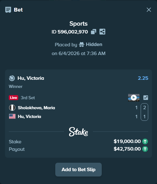Bet slip: Sholokhova, Maria - Hu, Victoria, $19,019.00 stake at 2.25 odds, placed by Hidden