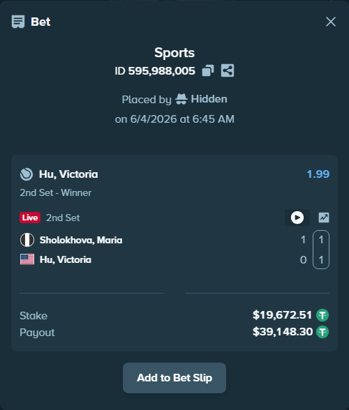 Bet slip: Sholokhova, Maria - Hu, Victoria, $19,692.19 stake at 1.99 odds, placed by Hidden