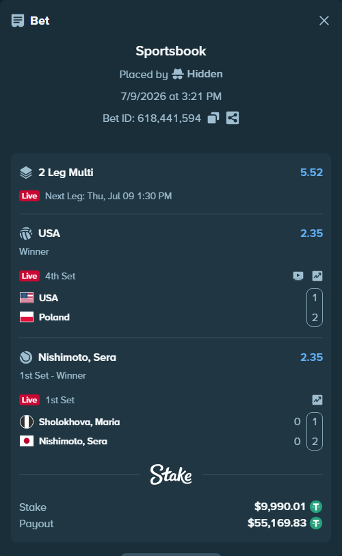 Bet slip: Sholokhova, Maria - Nishimoto, Sera, $10,000.00 stake at 2.35 odds, placed by Hidden