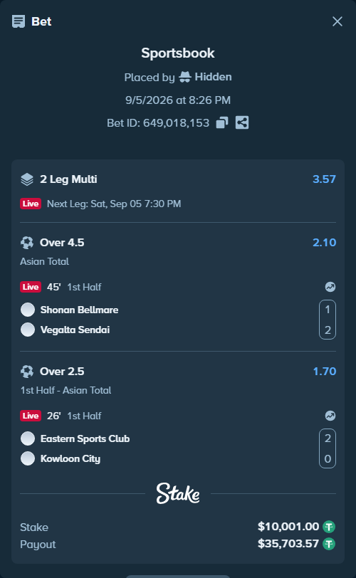 Bet slip: Shonan Bellmare - Vegalta Sendai, $10,000.00 stake at 2.10 odds, placed by Hidden