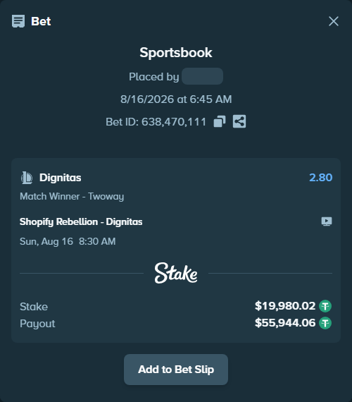 Bet slip: Shopify Rebellion - Dignitas, $20,000.00 stake at 2.80 odds, placed by fantasy7788