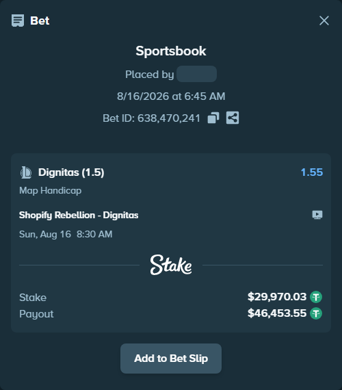 Bet slip: Shopify Rebellion - Dignitas, $30,000.00 stake at 1.55 odds, placed by fantasy7788
