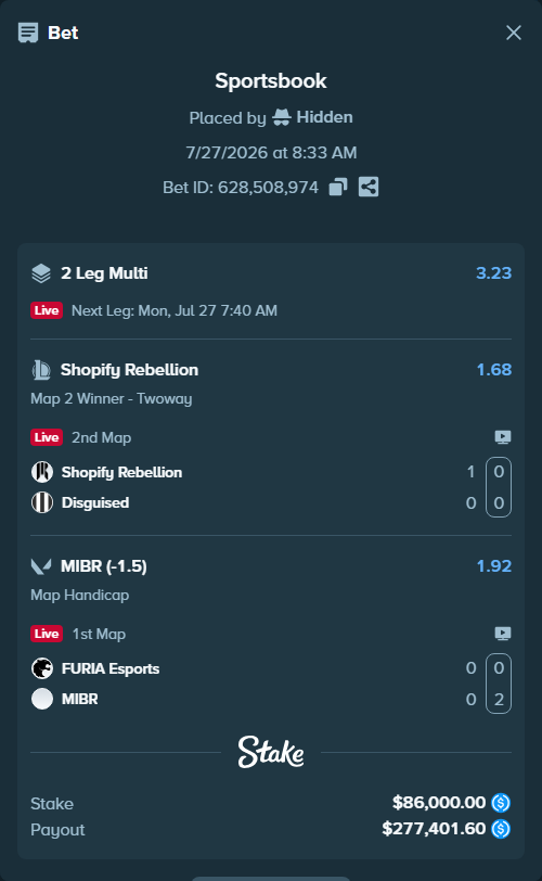 Bet slip: Shopify Rebellion - Disguised, $86,000.00 stake at 1.68 odds, placed by Hidden