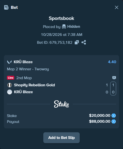 Bet slip: Shopify Rebellion Gold - KRÜ Blaze, $20,000.00 stake at 4.40 odds, placed by Hidden