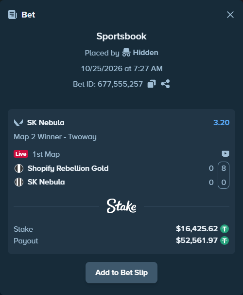 Bet slip: Shopify Rebellion Gold - SK Nebula, $16,442.04 stake at 3.20 odds, placed by Mnt41