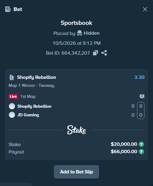 Bet slip: Shopify Rebellion - JD Gaming, $20,000.00 stake at 3.30 odds, placed by 도다리