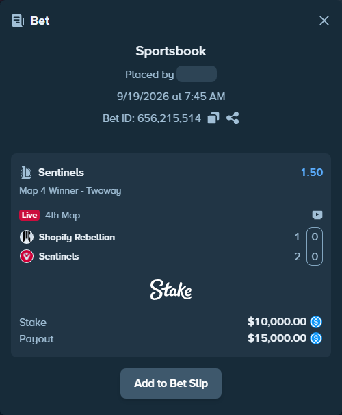 Bet slip: Shopify Rebellion - Sentinels, $10,000.00 stake at 1.50 odds, placed by oddsennuNO