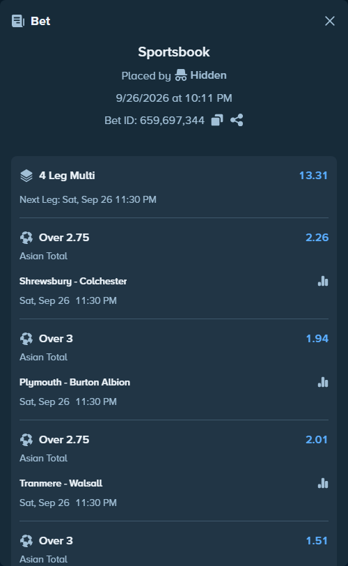 Bet slip: Shrewsbury - Colchester, $50,000.00 stake at 2.26 odds, placed by Hidden