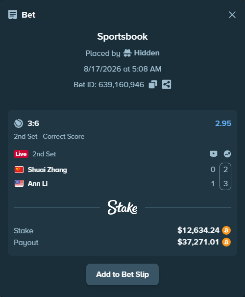Bet slip: Shuai Zhang - Ann Li, $12,600.40 stake at 2.95 odds, placed by Hidden